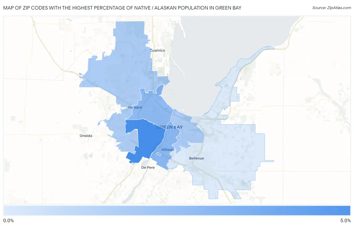 Zip Codes with the Highest Percentage of Native / Alaskan Population in Green Bay Map