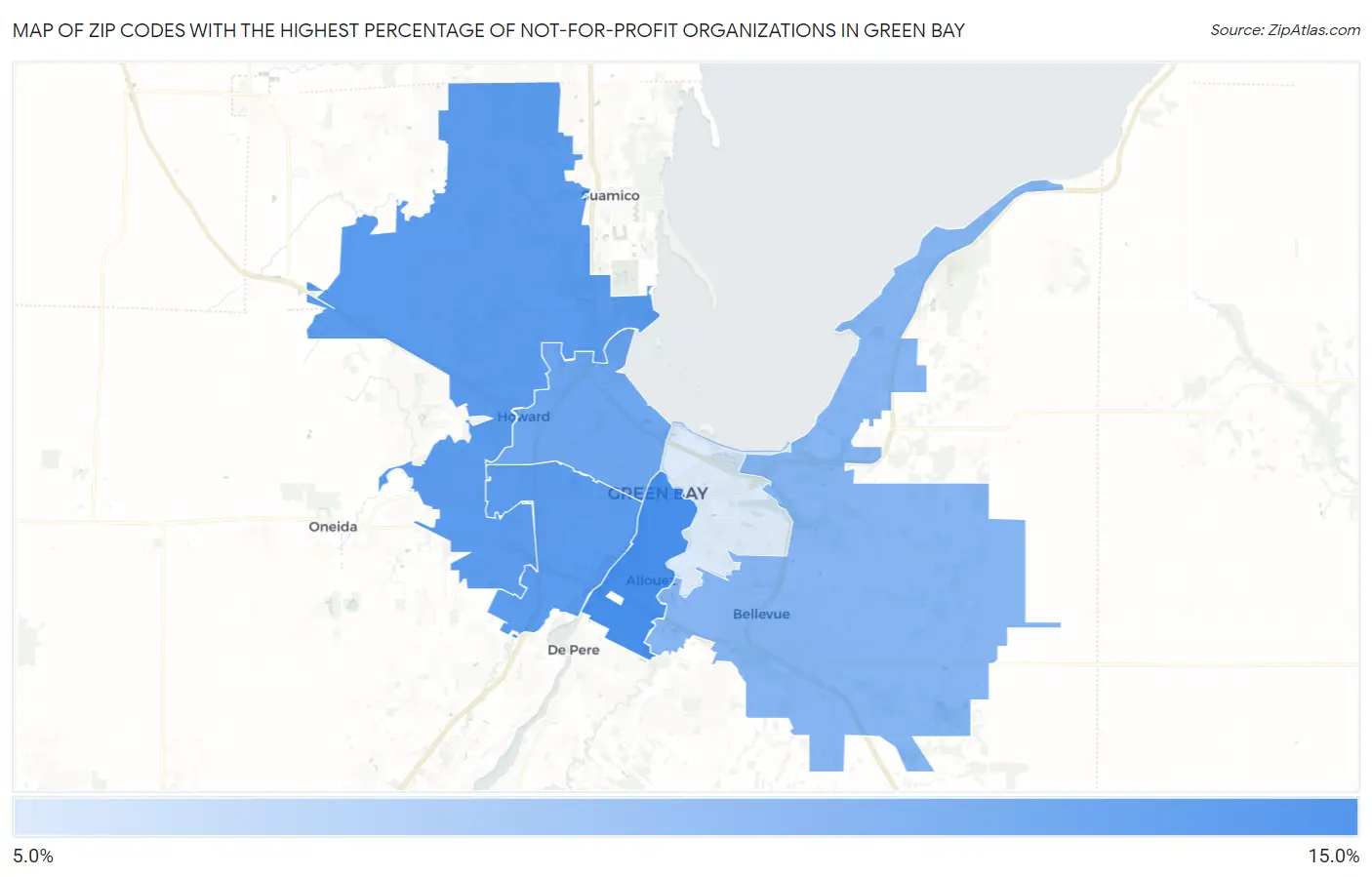 Zip Codes with the Highest Percentage of Not-for-profit Organizations in Green Bay Map