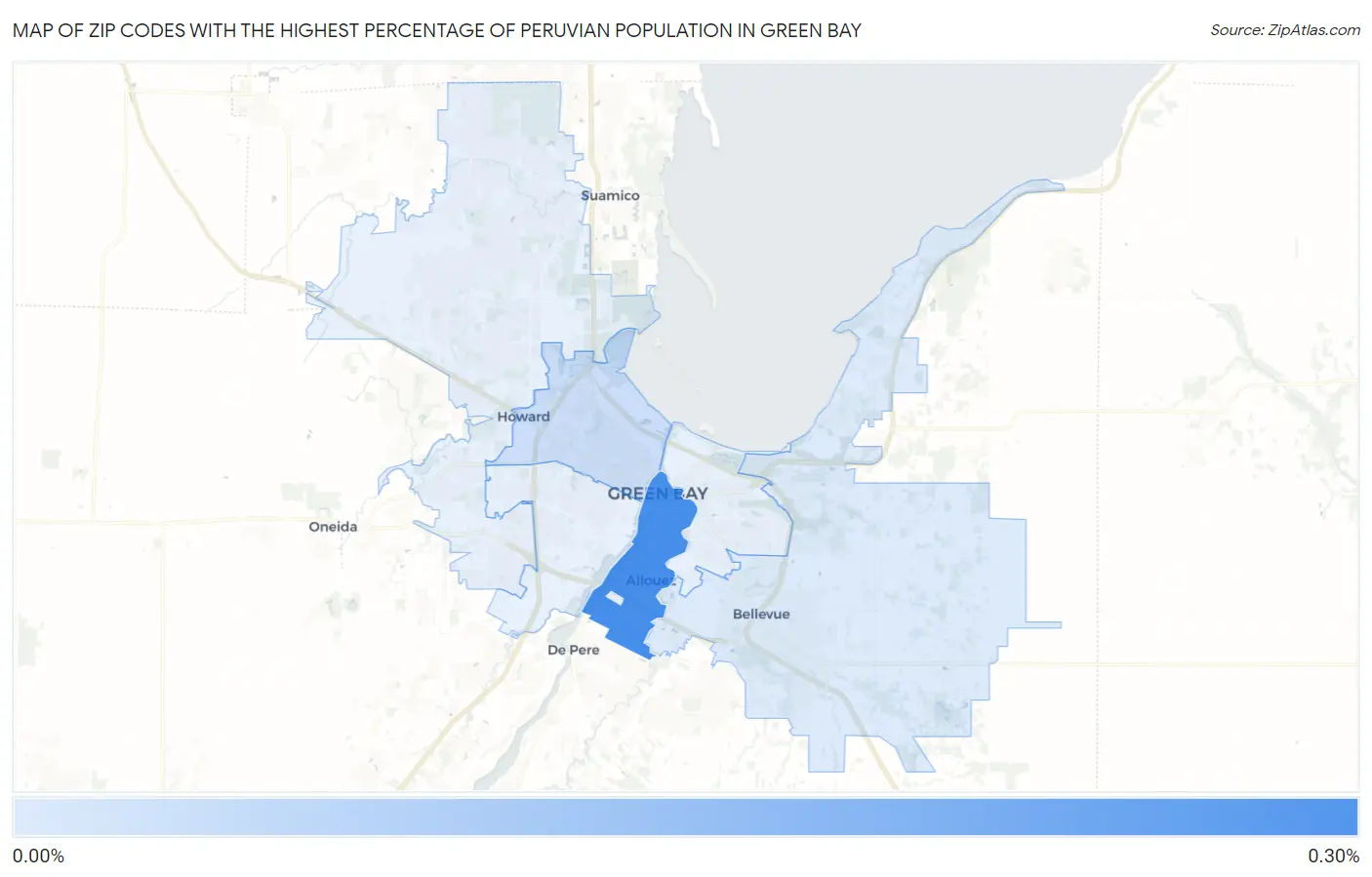 Zip Codes with the Highest Percentage of Peruvian Population in Green Bay Map