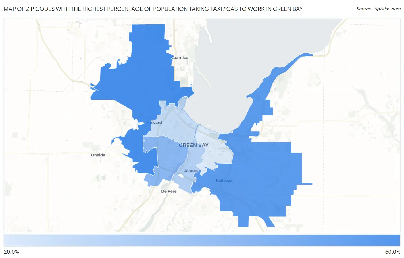 Zip Codes with the Highest Percentage of Population Taking Taxi / Cab to Work in Green Bay Map