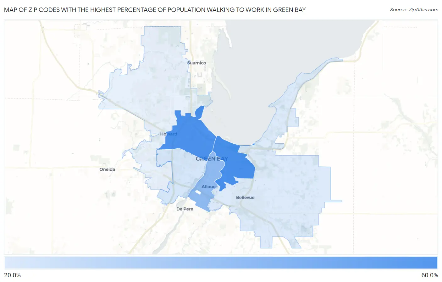 Zip Codes with the Highest Percentage of Population Walking to Work in Green Bay Map