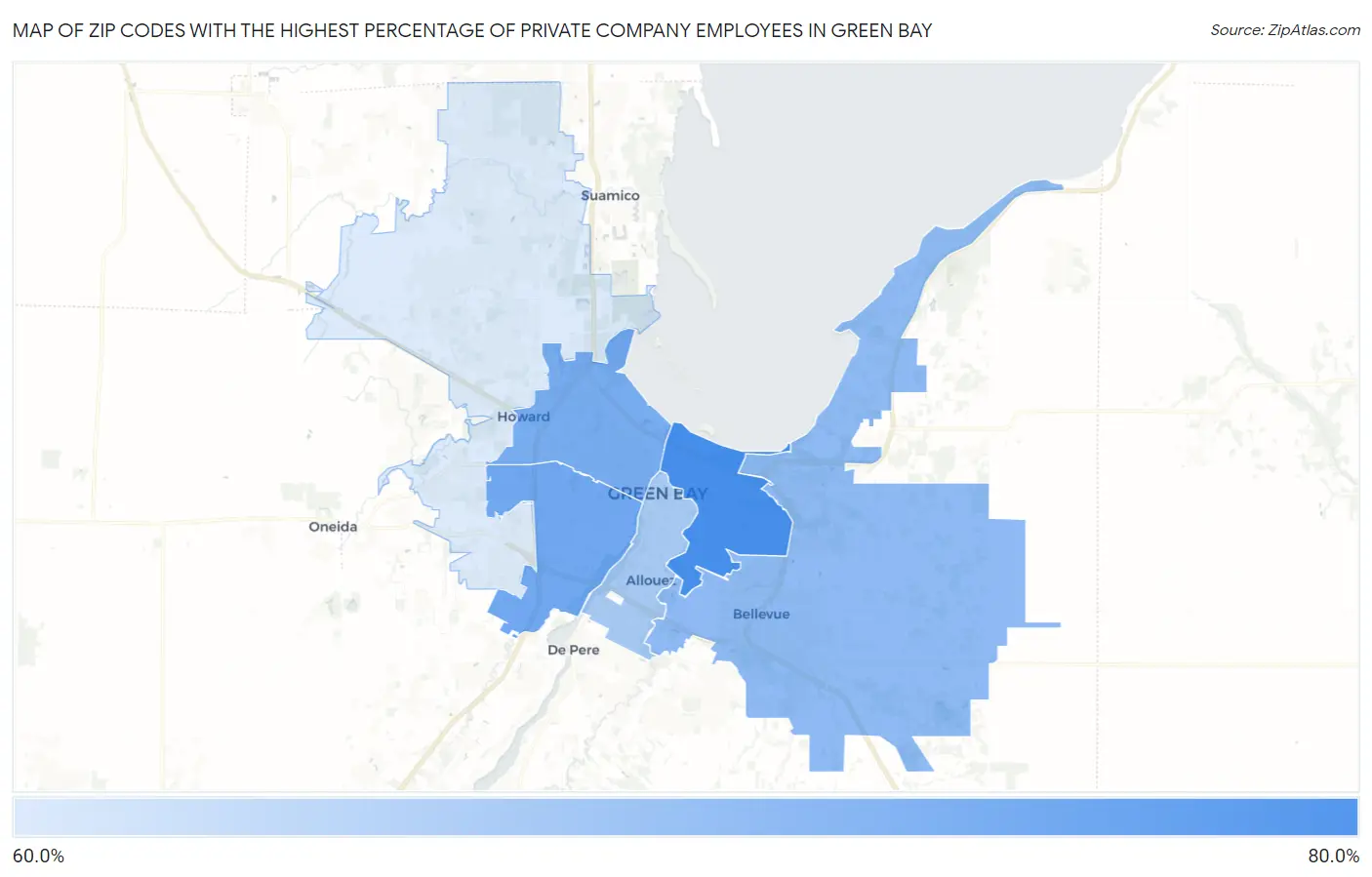 Zip Codes with the Highest Percentage of Private Company Employees in Green Bay Map