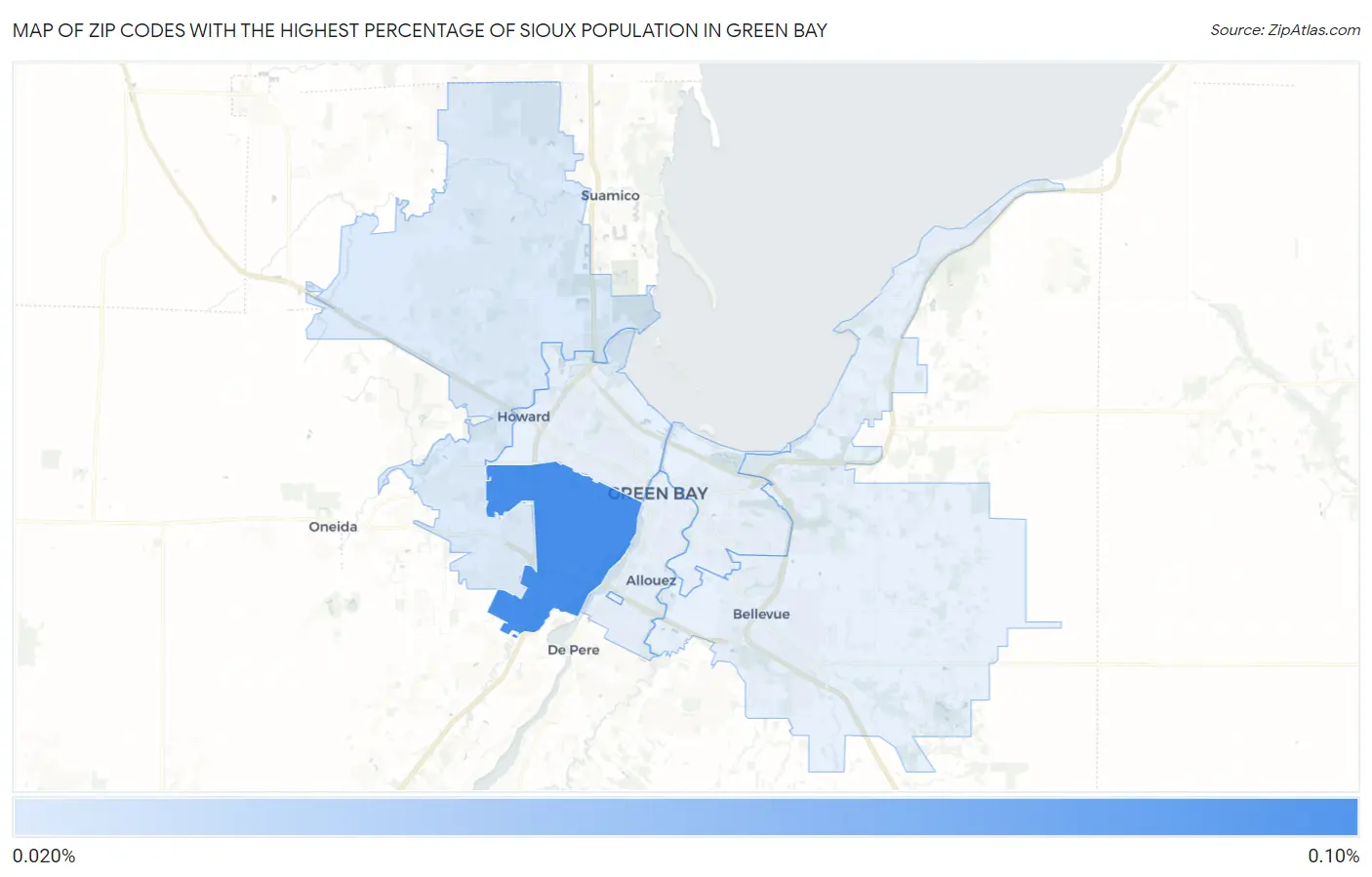 Zip Codes with the Highest Percentage of Sioux Population in Green Bay Map