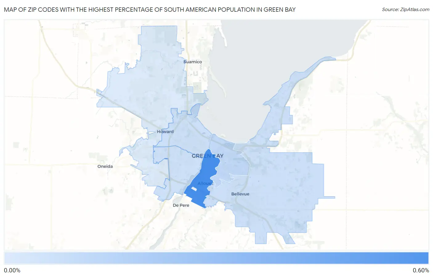 Zip Codes with the Highest Percentage of South American Population in Green Bay Map