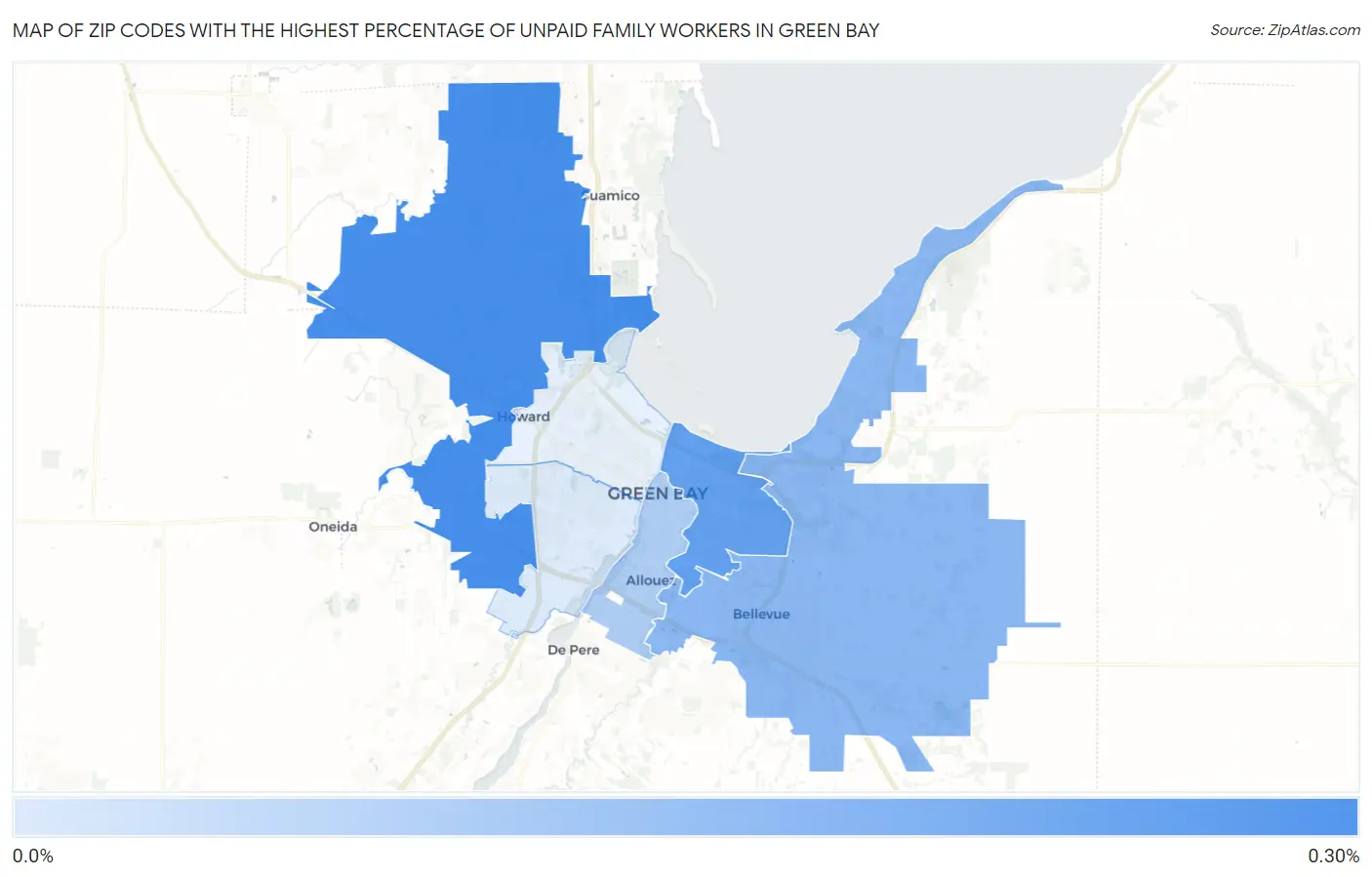 Zip Codes with the Highest Percentage of Unpaid Family Workers in Green Bay Map