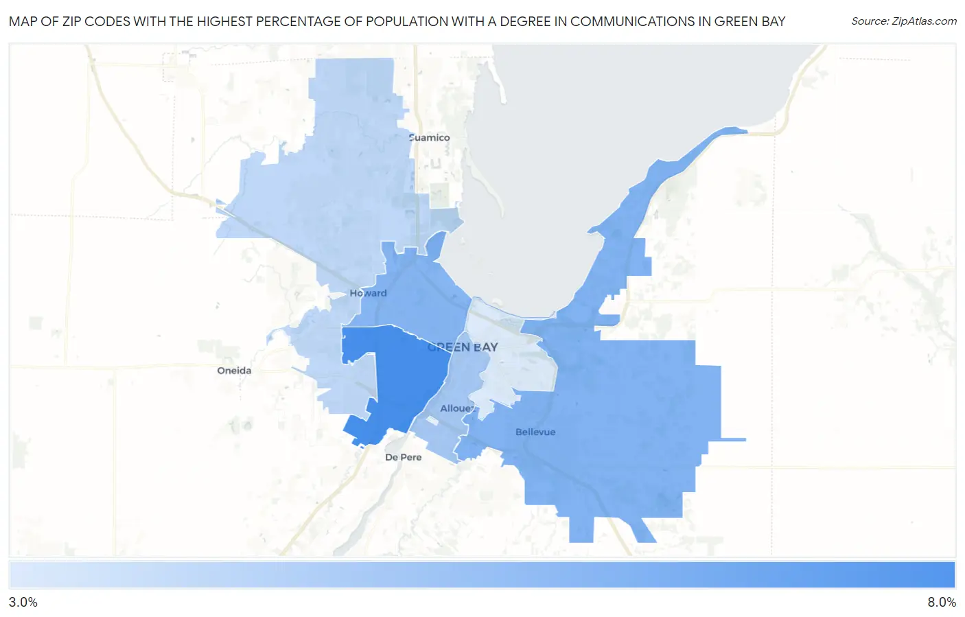 Zip Codes with the Highest Percentage of Population with a Degree in Communications in Green Bay Map