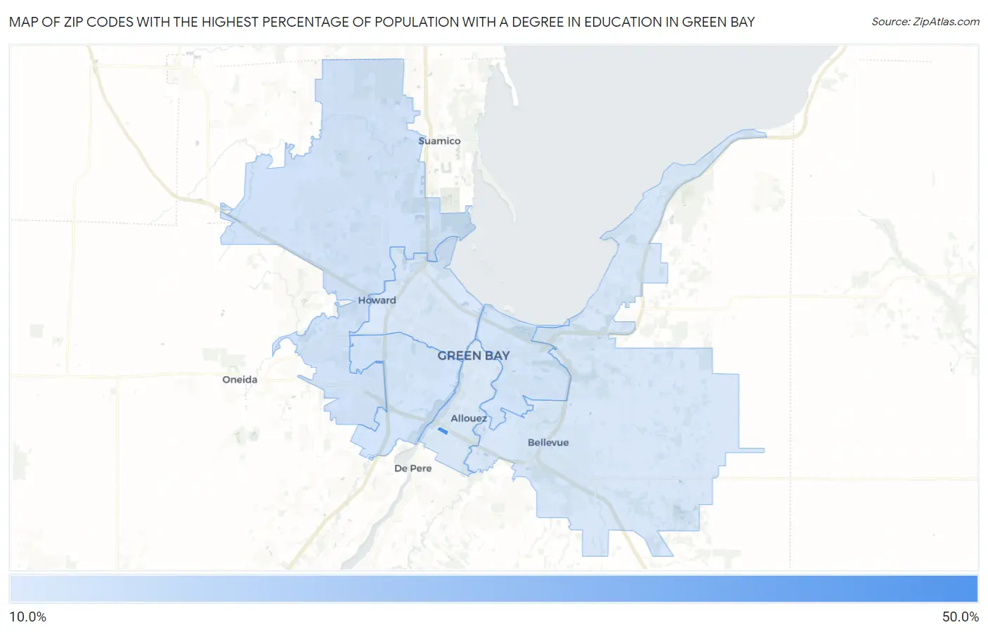 Zip Codes with the Highest Percentage of Population with a Degree in Education in Green Bay Map