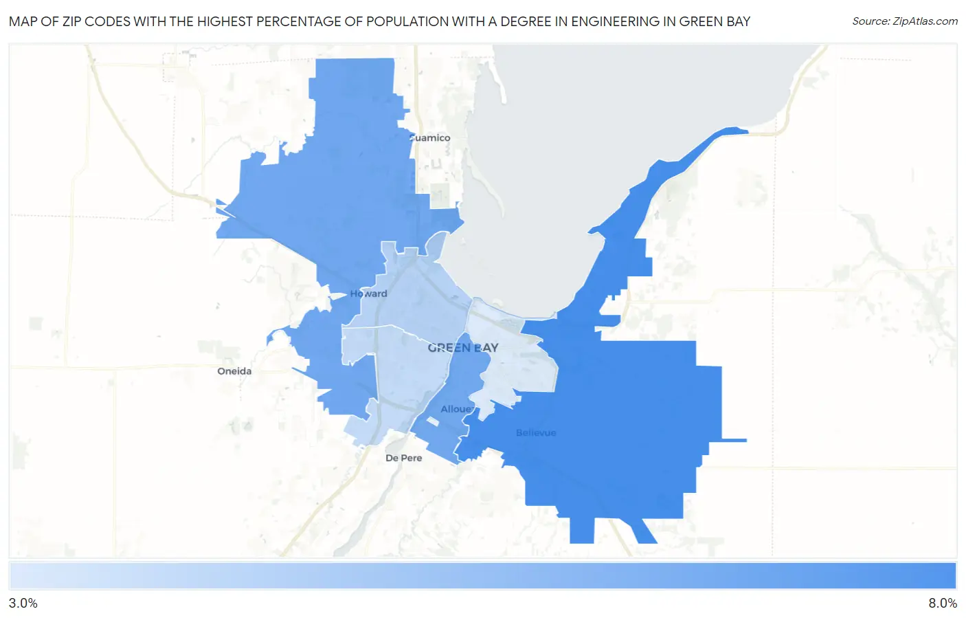Zip Codes with the Highest Percentage of Population with a Degree in Engineering in Green Bay Map