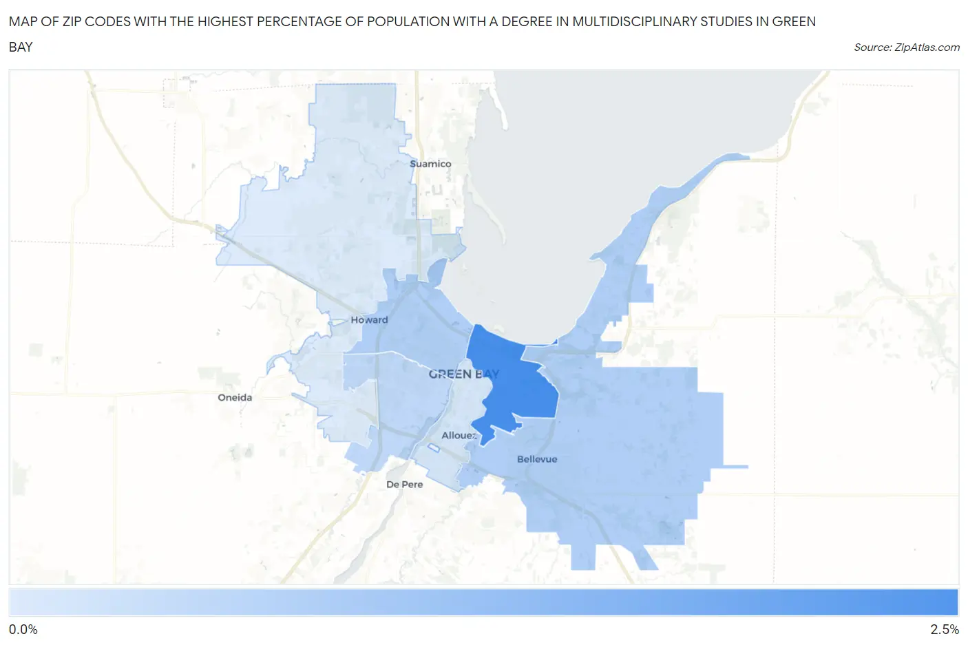 Zip Codes with the Highest Percentage of Population with a Degree in Multidisciplinary Studies in Green Bay Map