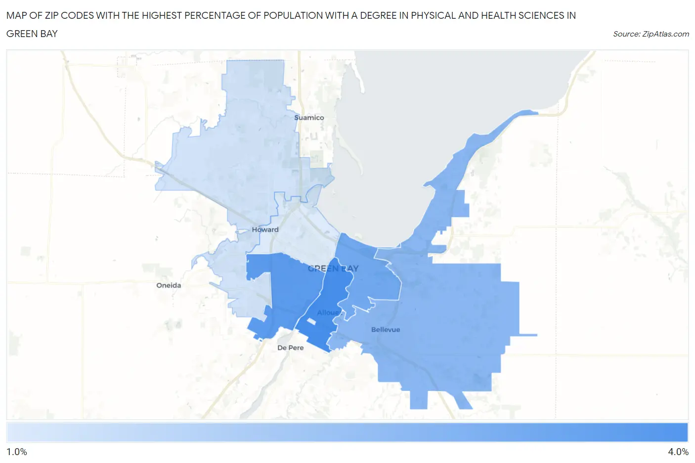 Zip Codes with the Highest Percentage of Population with a Degree in Physical and Health Sciences in Green Bay Map