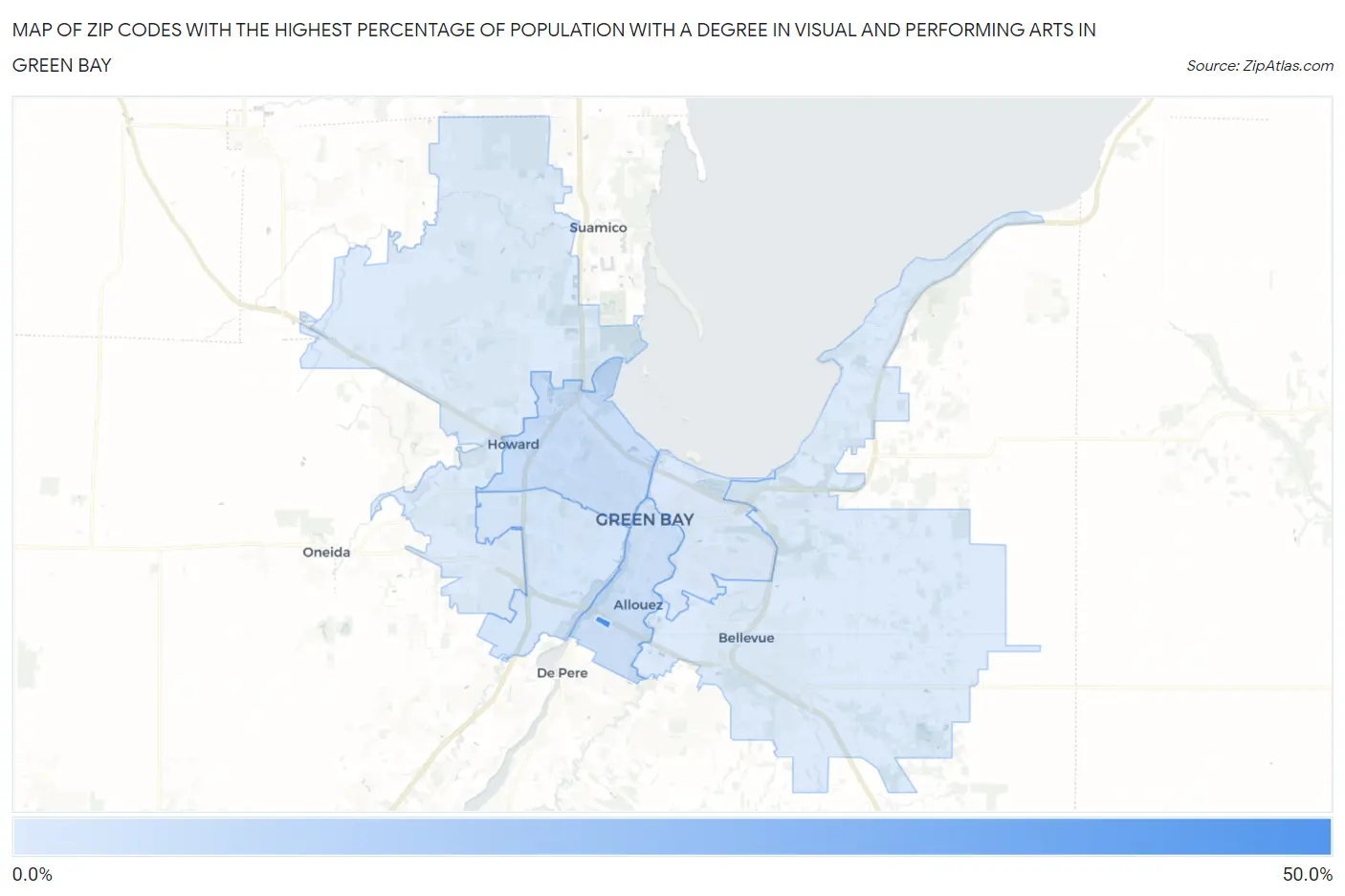 Zip Codes with the Highest Percentage of Population with a Degree in Visual and Performing Arts in Green Bay Map