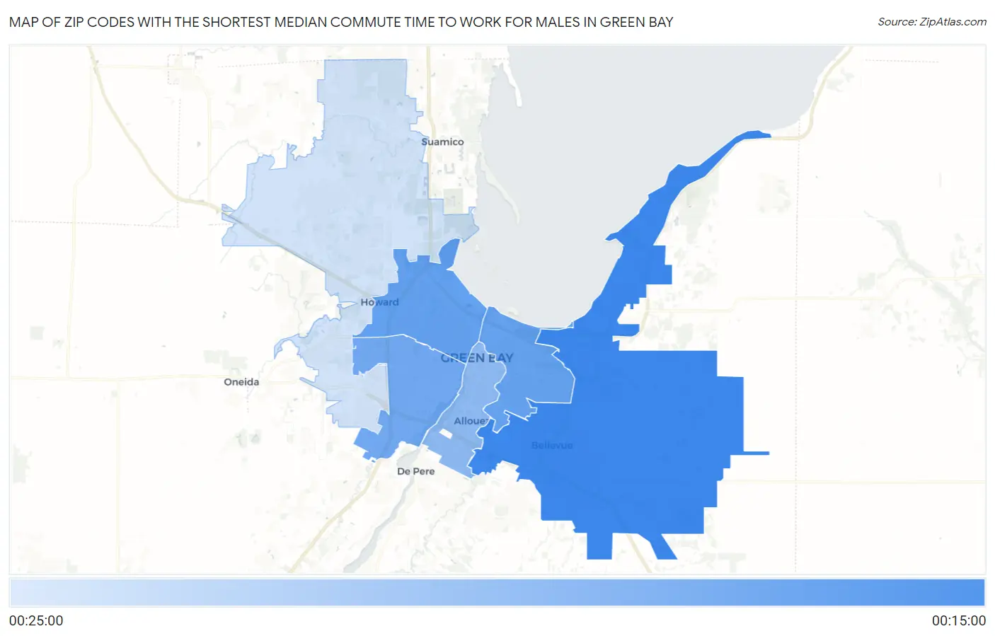 Zip Codes with the Shortest Median Commute Time to Work for Males in Green Bay Map