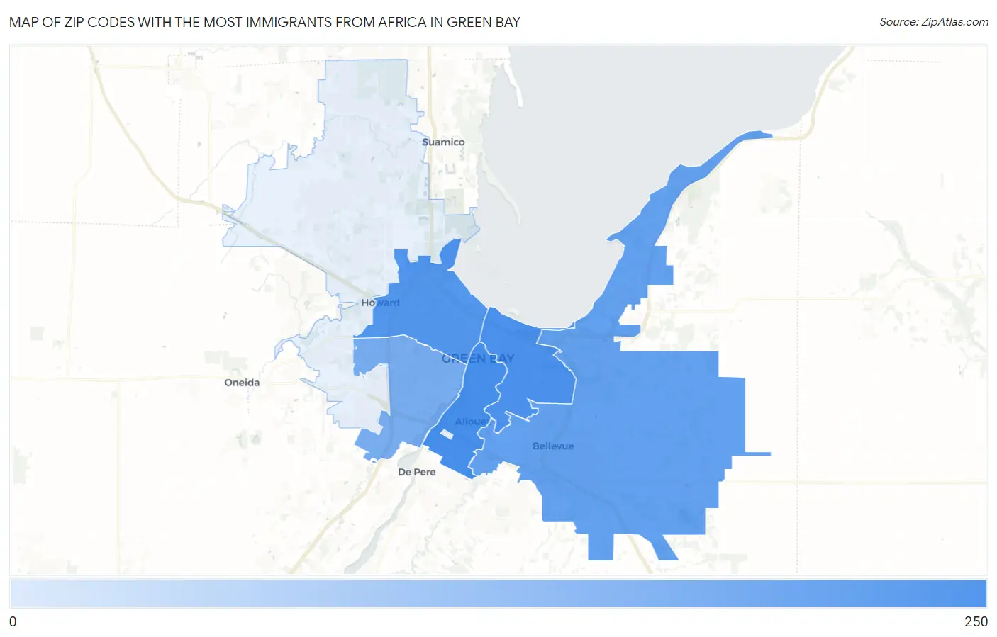 Zip Codes with the Most Immigrants from Africa in Green Bay Map