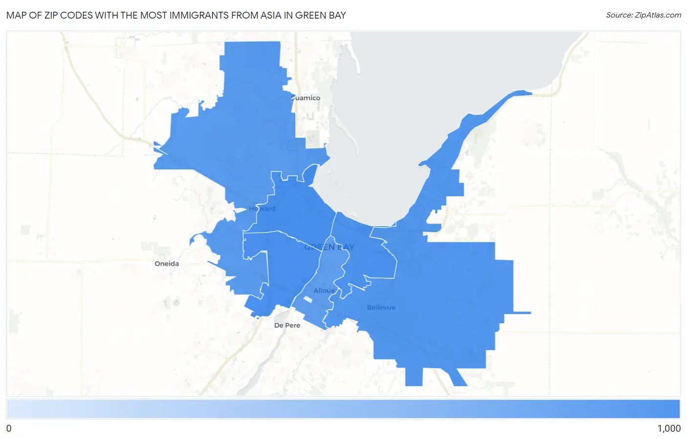 Zip Codes with the Most Immigrants from Asia in Green Bay Map