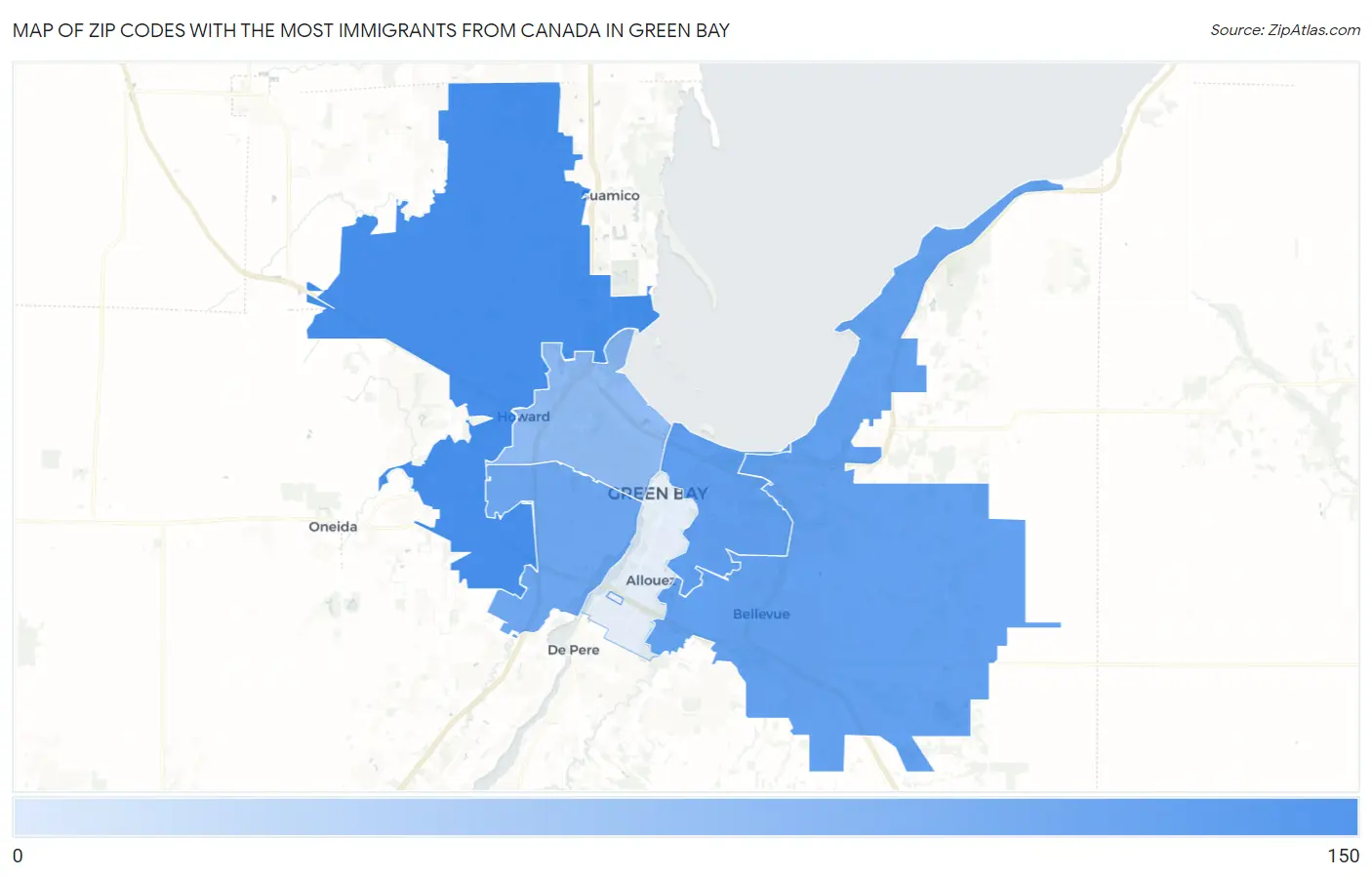 Zip Codes with the Most Immigrants from Canada in Green Bay Map