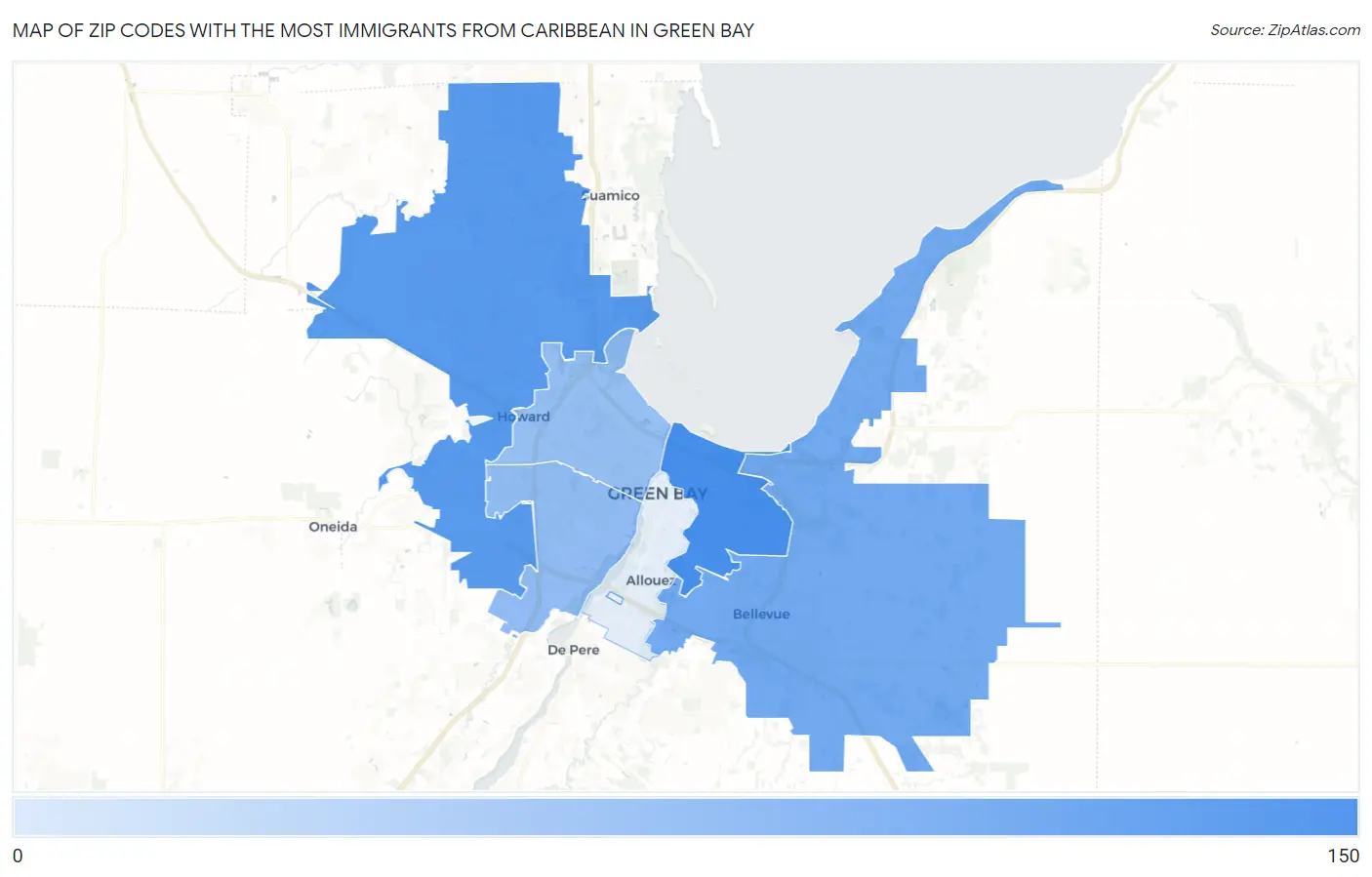 Zip Codes with the Most Immigrants from Caribbean in Green Bay Map