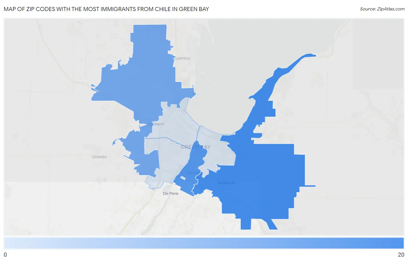 Zip Codes with the Most Immigrants from Chile in Green Bay Map