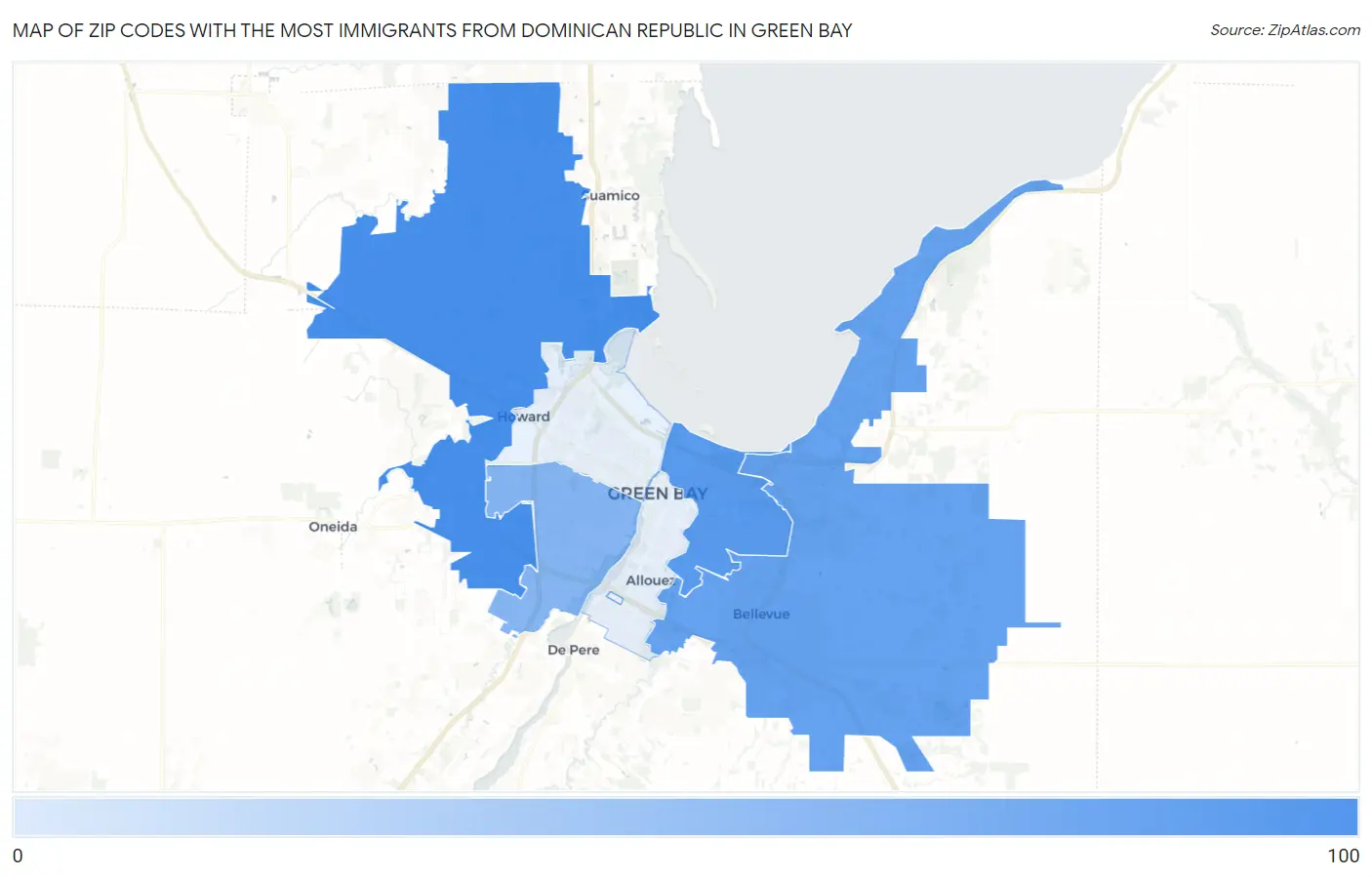 Zip Codes with the Most Immigrants from Dominican Republic in Green Bay Map