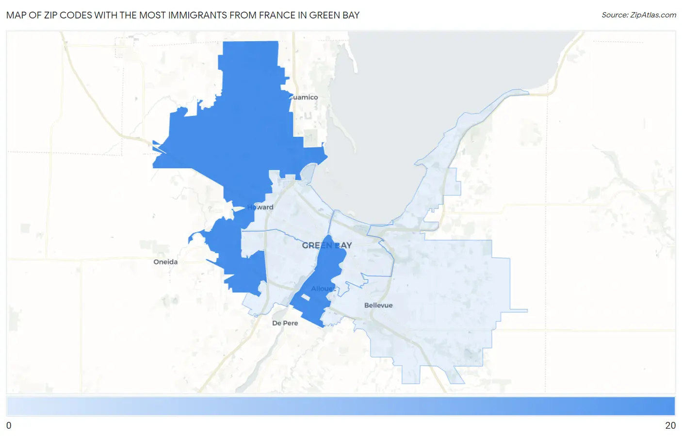 Zip Codes with the Most Immigrants from France in Green Bay Map