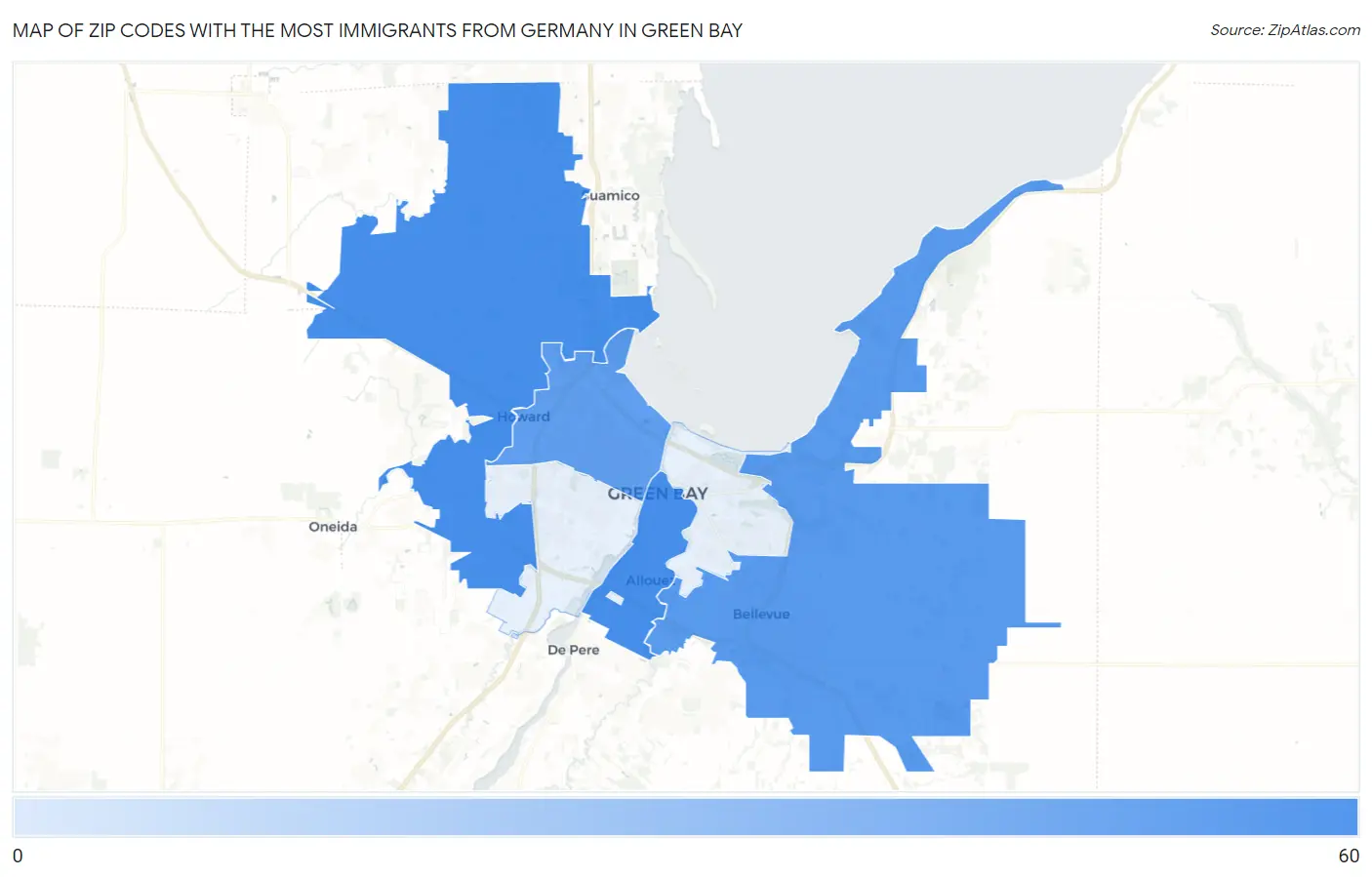 Zip Codes with the Most Immigrants from Germany in Green Bay Map