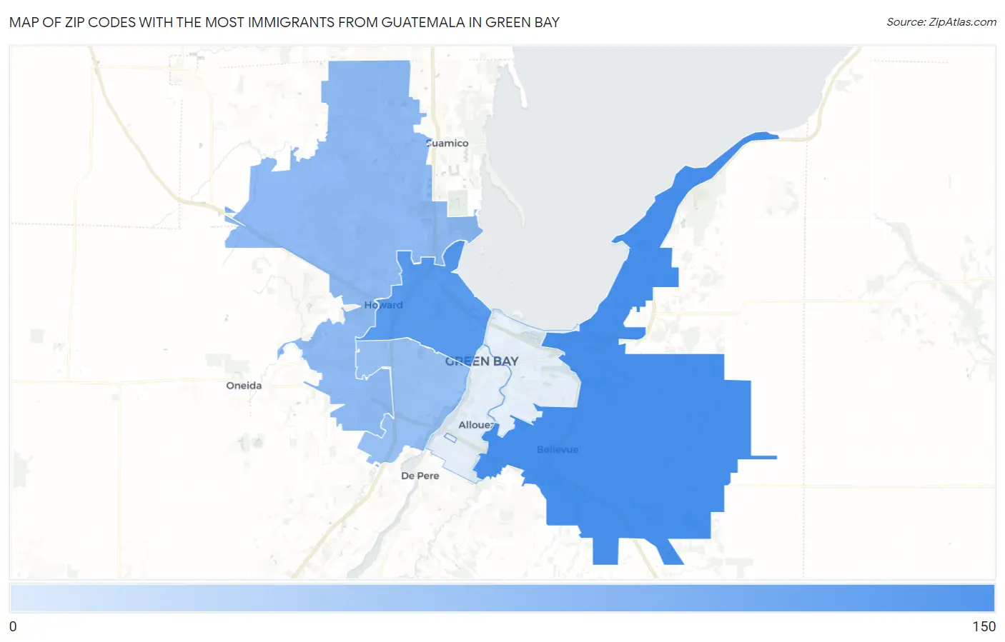 Zip Codes with the Most Immigrants from Guatemala in Green Bay Map