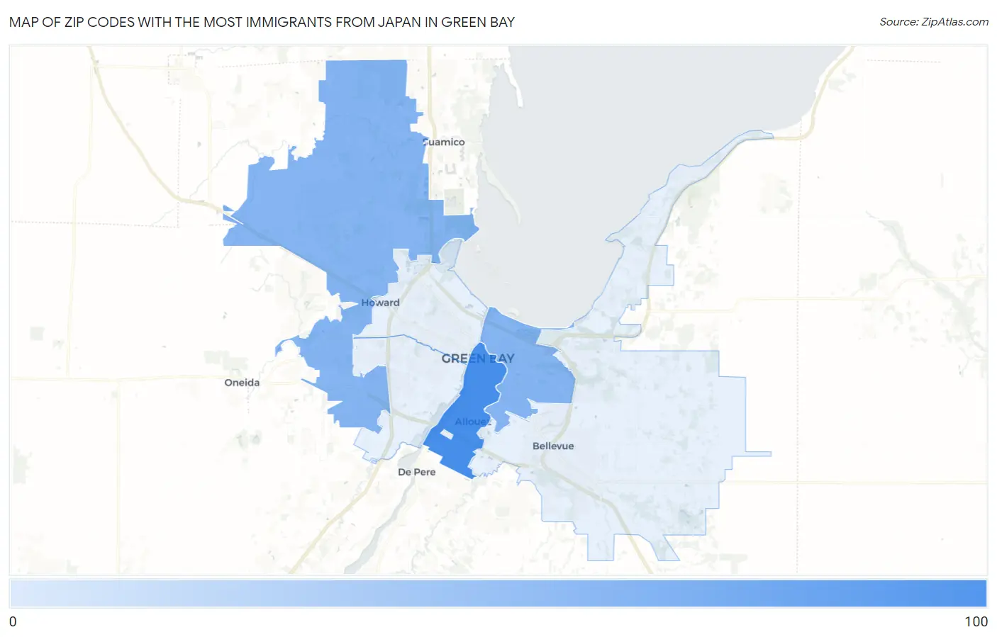 Zip Codes with the Most Immigrants from Japan in Green Bay Map