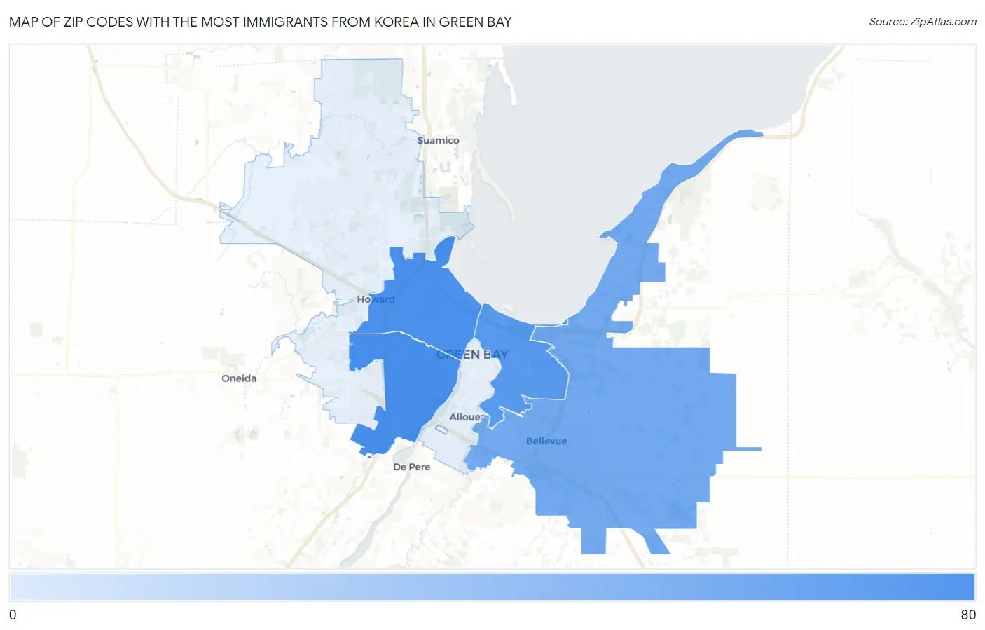 Zip Codes with the Most Immigrants from Korea in Green Bay Map
