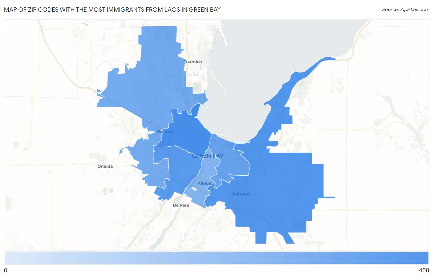 Zip Codes with the Most Immigrants from Laos in Green Bay Map