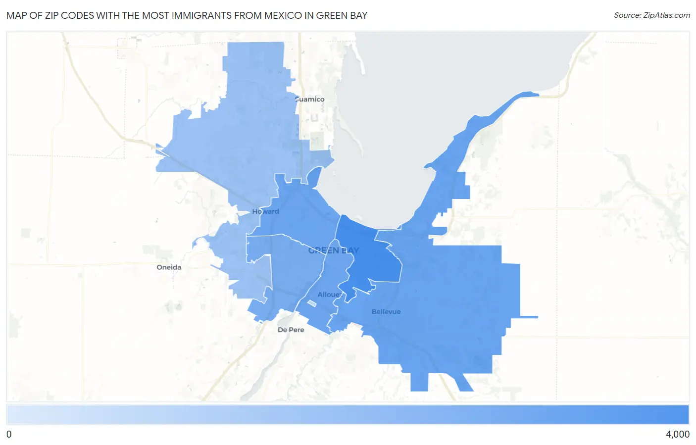 Zip Codes with the Most Immigrants from Mexico in Green Bay Map