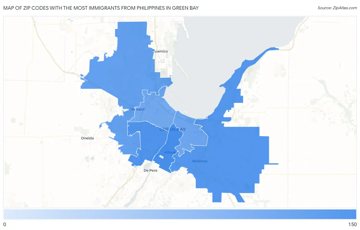 Zip Codes with the Most Immigrants from Philippines in Green Bay Map