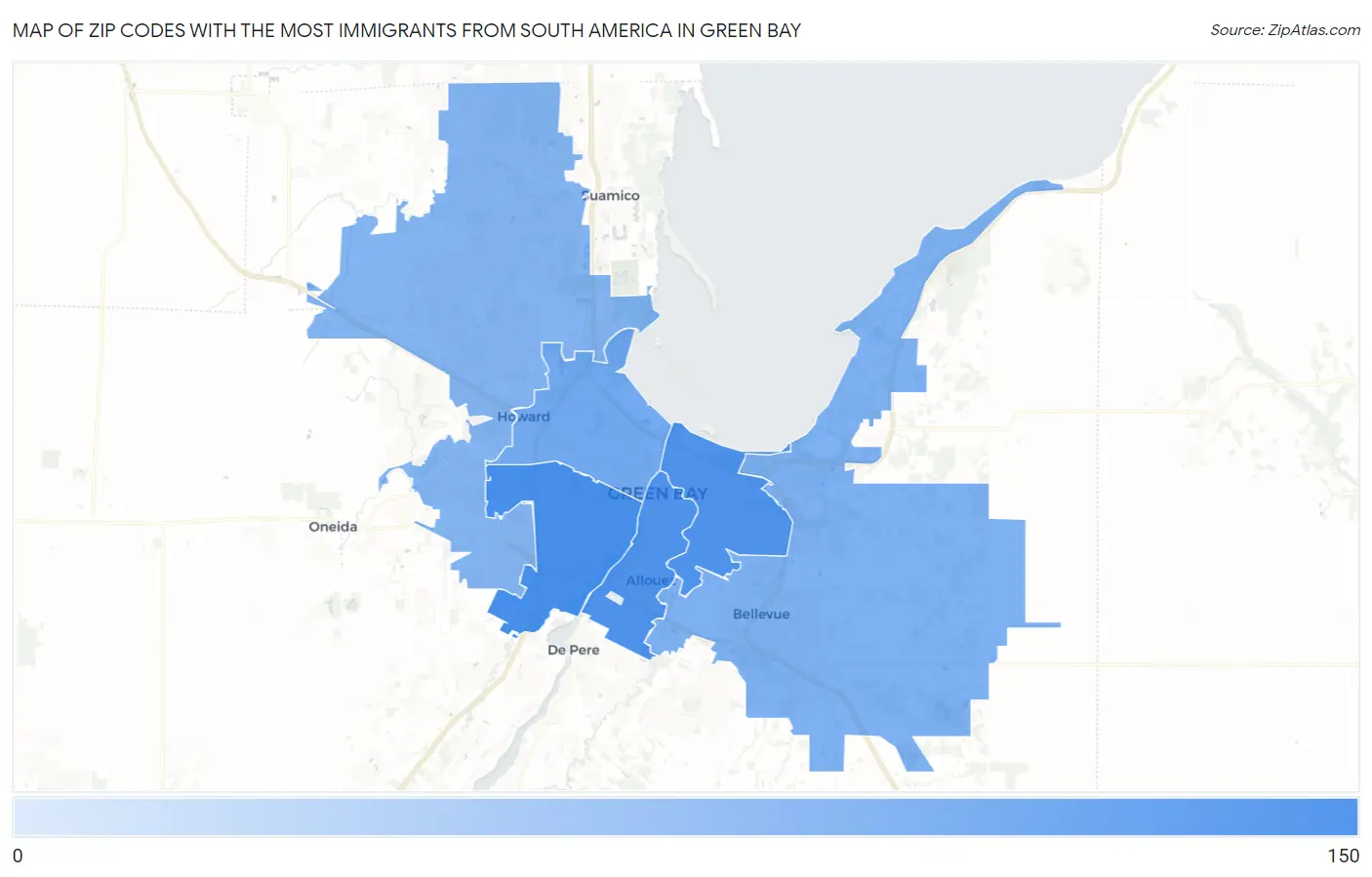 Zip Codes with the Most Immigrants from South America in Green Bay Map