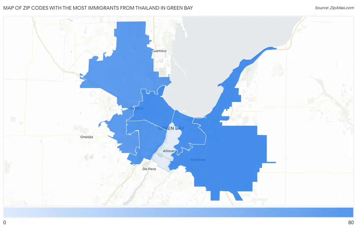 Zip Codes with the Most Immigrants from Thailand in Green Bay Map
