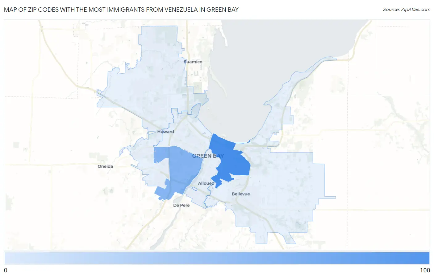 Zip Codes with the Most Immigrants from Venezuela in Green Bay Map