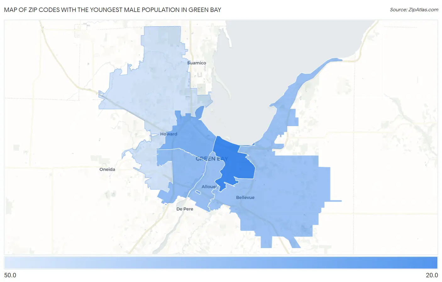 Zip Codes with the Youngest Male Population in Green Bay Map