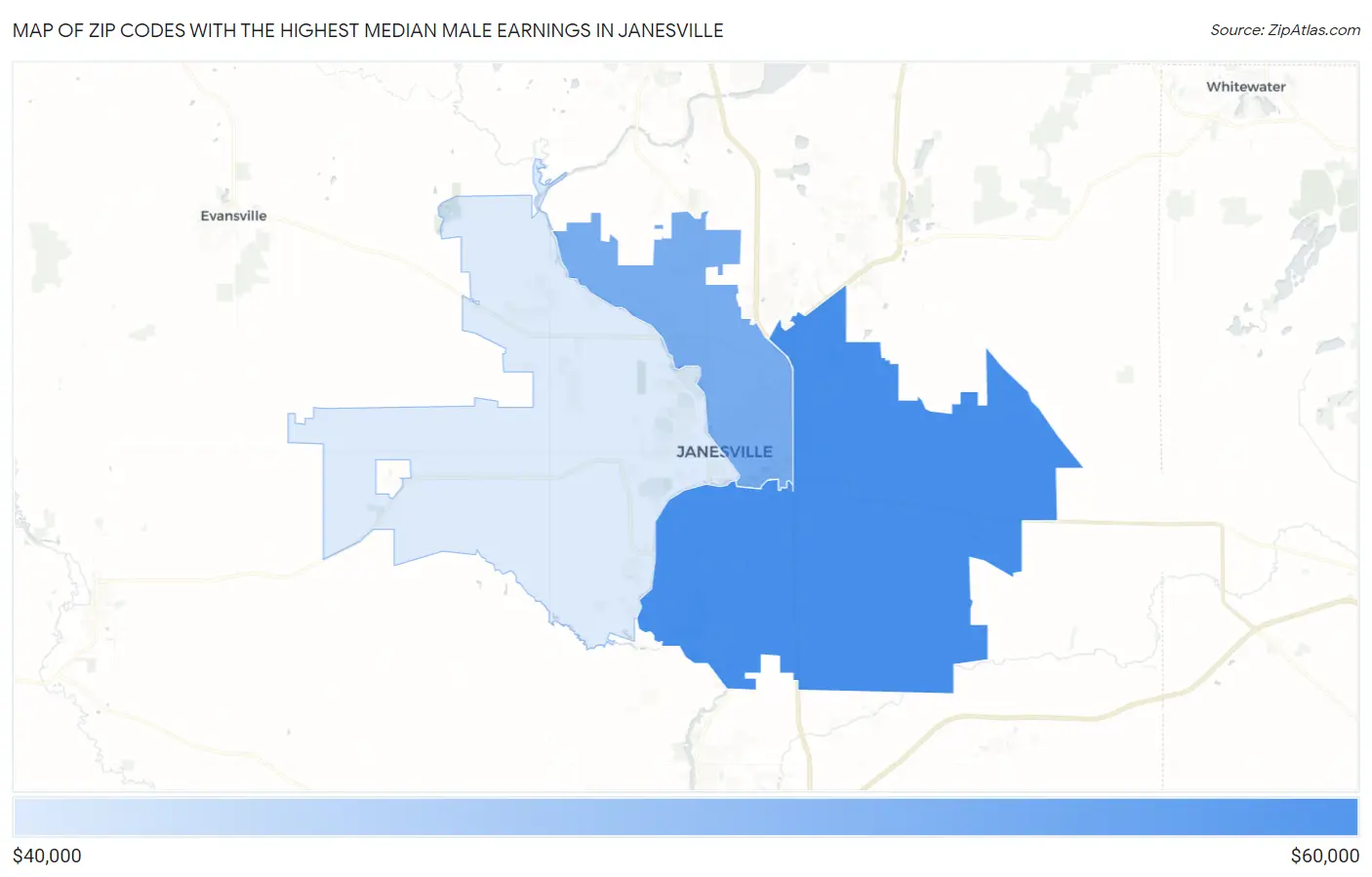 Zip Codes with the Highest Median Male Earnings in Janesville Map