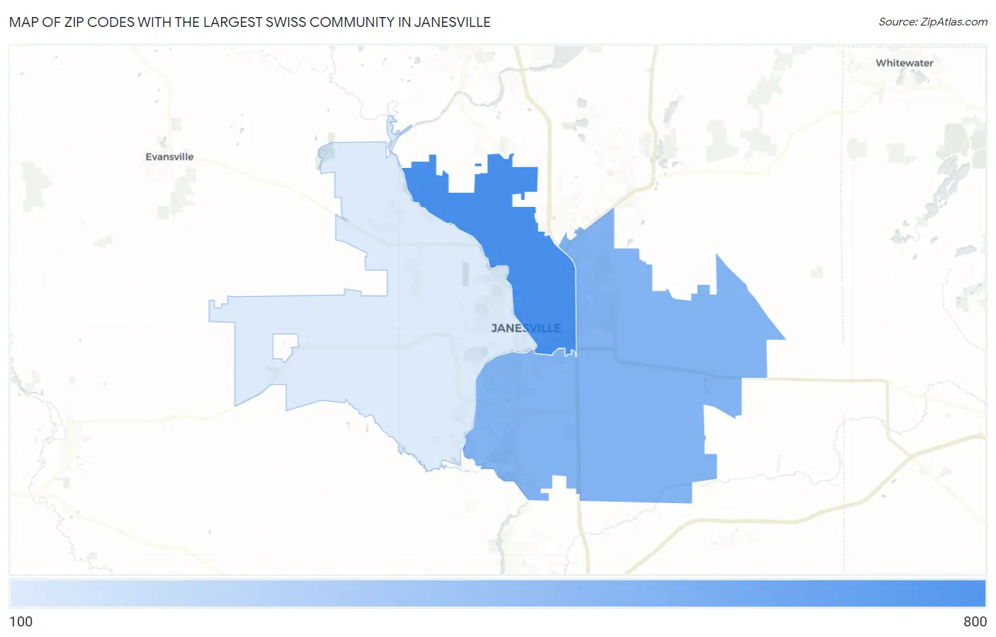 Zip Codes with the Largest Swiss Community in Janesville Map