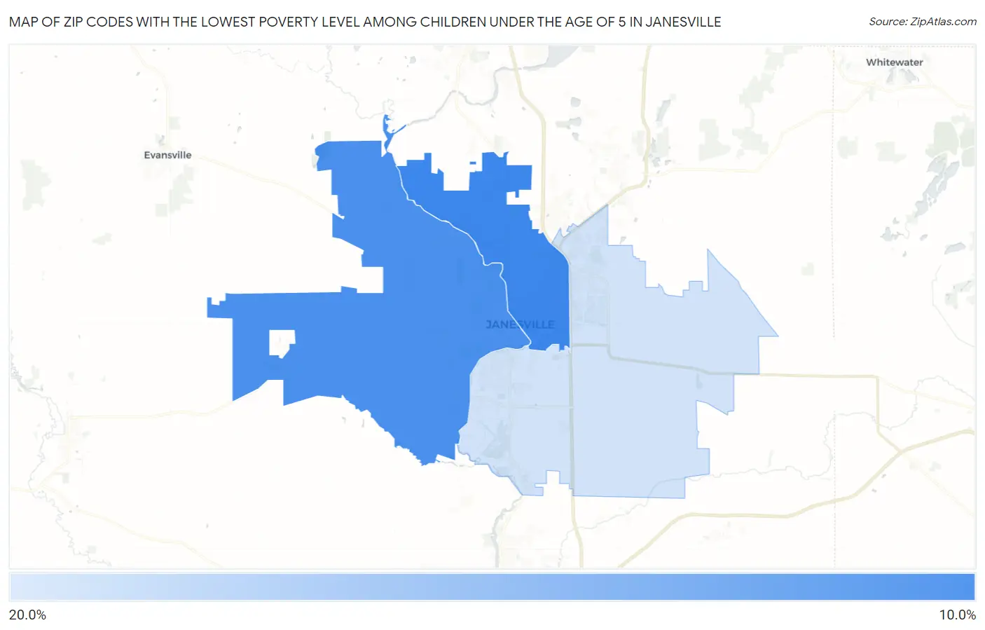 Zip Codes with the Lowest Poverty Level Among Children Under the Age of 5 in Janesville Map
