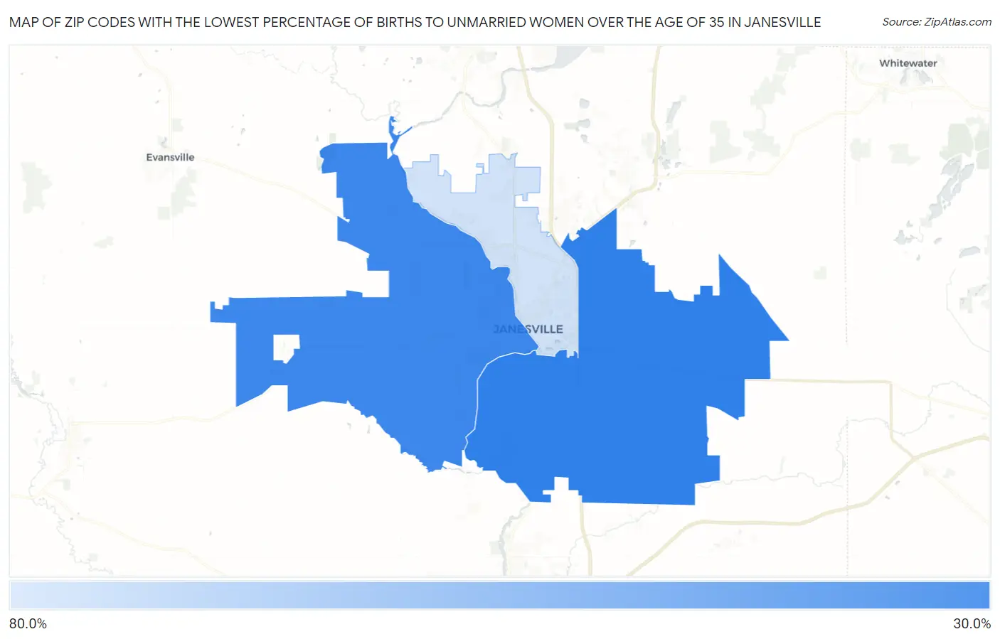 Zip Codes with the Lowest Percentage of Births to Unmarried Women over the Age of 35 in Janesville Map