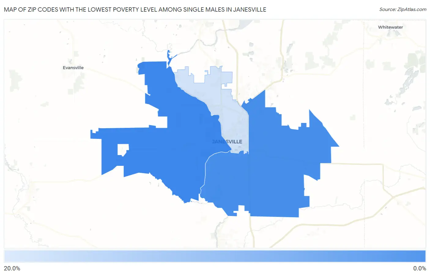 Zip Codes with the Lowest Poverty Level Among Single Males in Janesville Map
