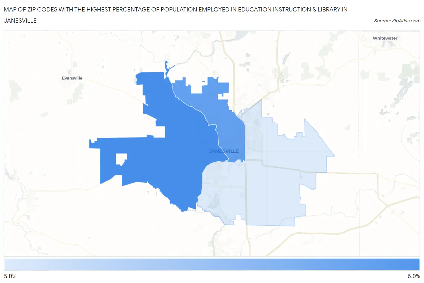 Zip Codes with the Highest Percentage of Population Employed in Education Instruction & Library in Janesville Map