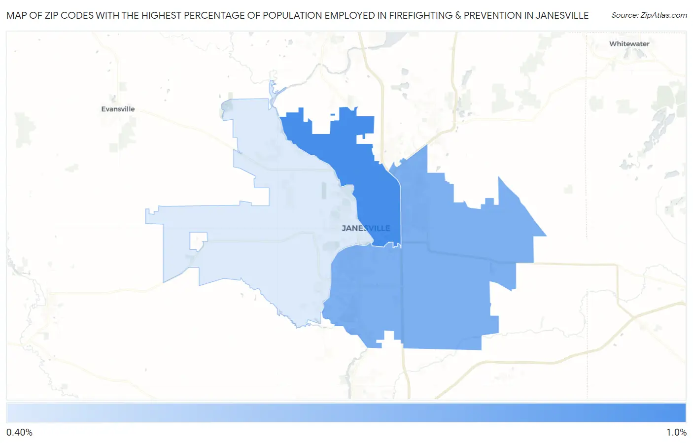 Zip Codes with the Highest Percentage of Population Employed in Firefighting & Prevention in Janesville Map