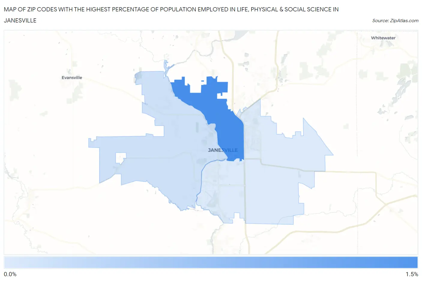 Zip Codes with the Highest Percentage of Population Employed in Life, Physical & Social Science in Janesville Map