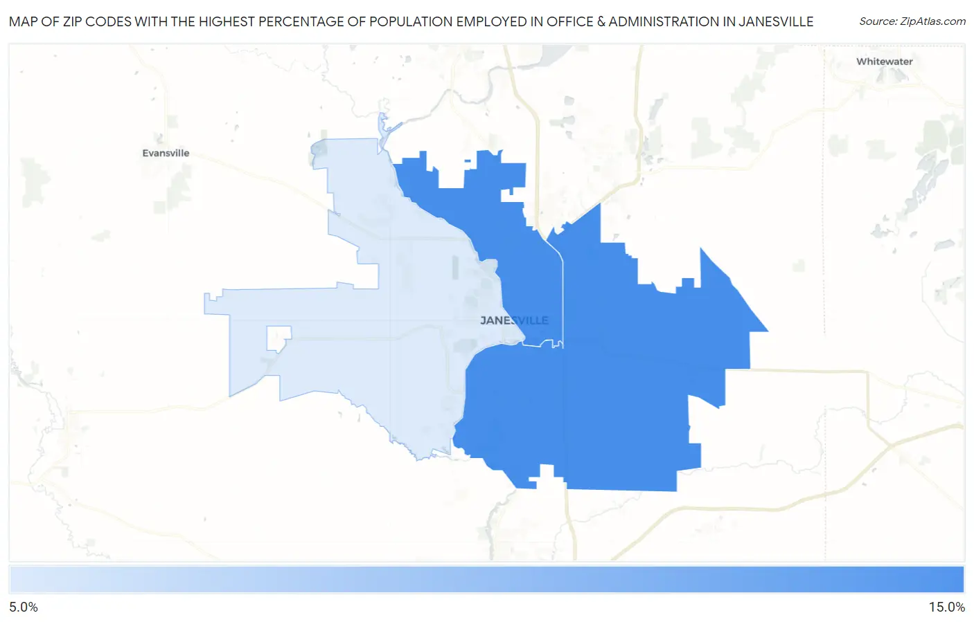 Zip Codes with the Highest Percentage of Population Employed in Office & Administration in Janesville Map