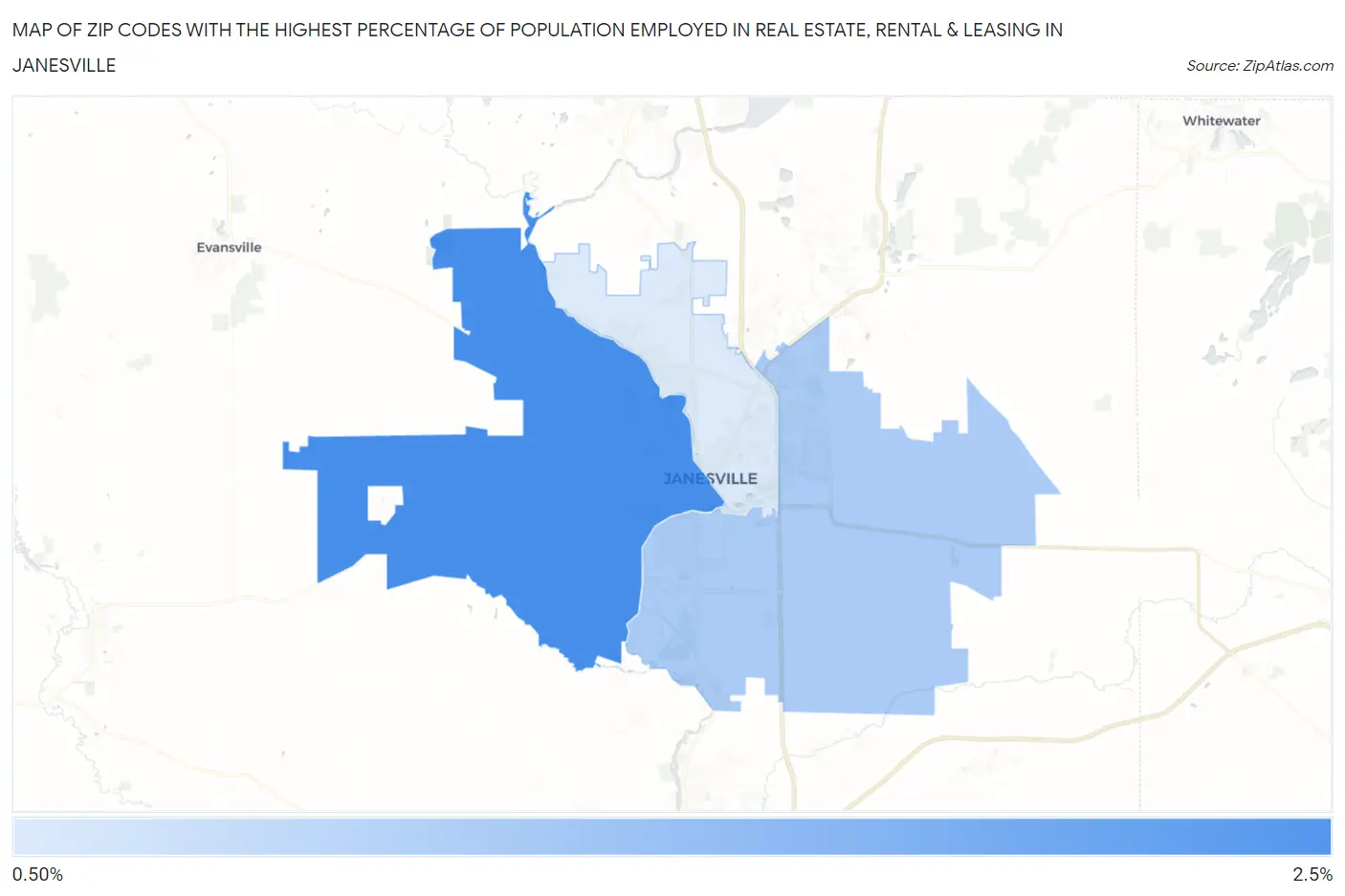 Zip Codes with the Highest Percentage of Population Employed in Real Estate, Rental & Leasing in Janesville Map