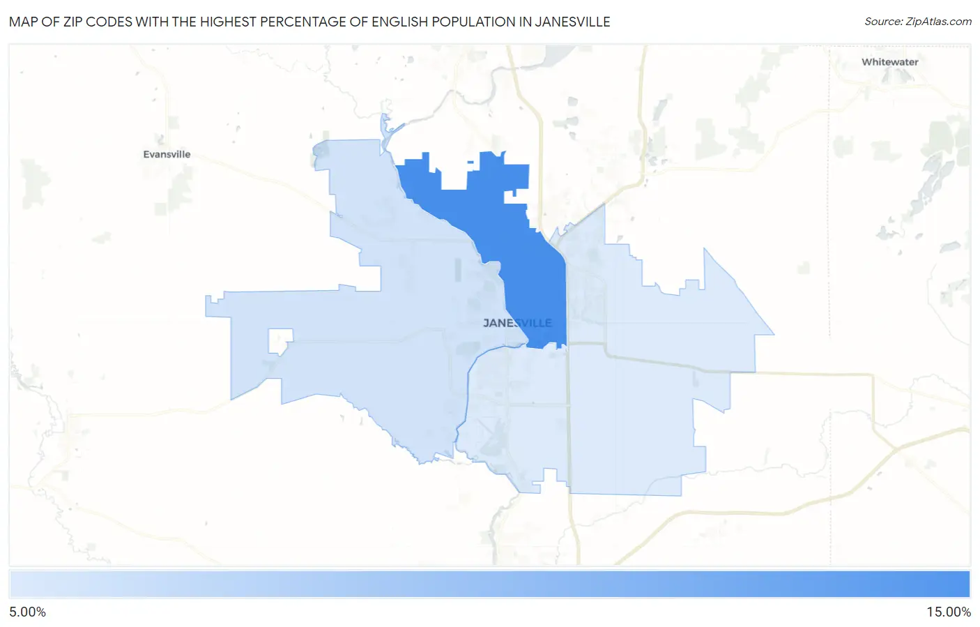 Zip Codes with the Highest Percentage of English Population in Janesville Map