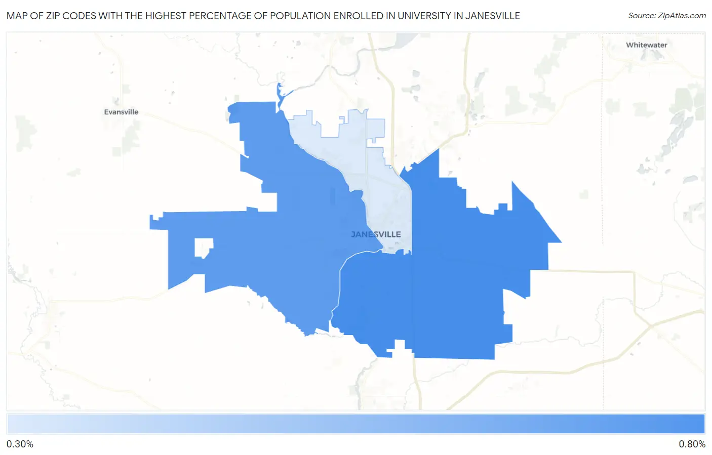 Zip Codes with the Highest Percentage of Population Enrolled in University in Janesville Map