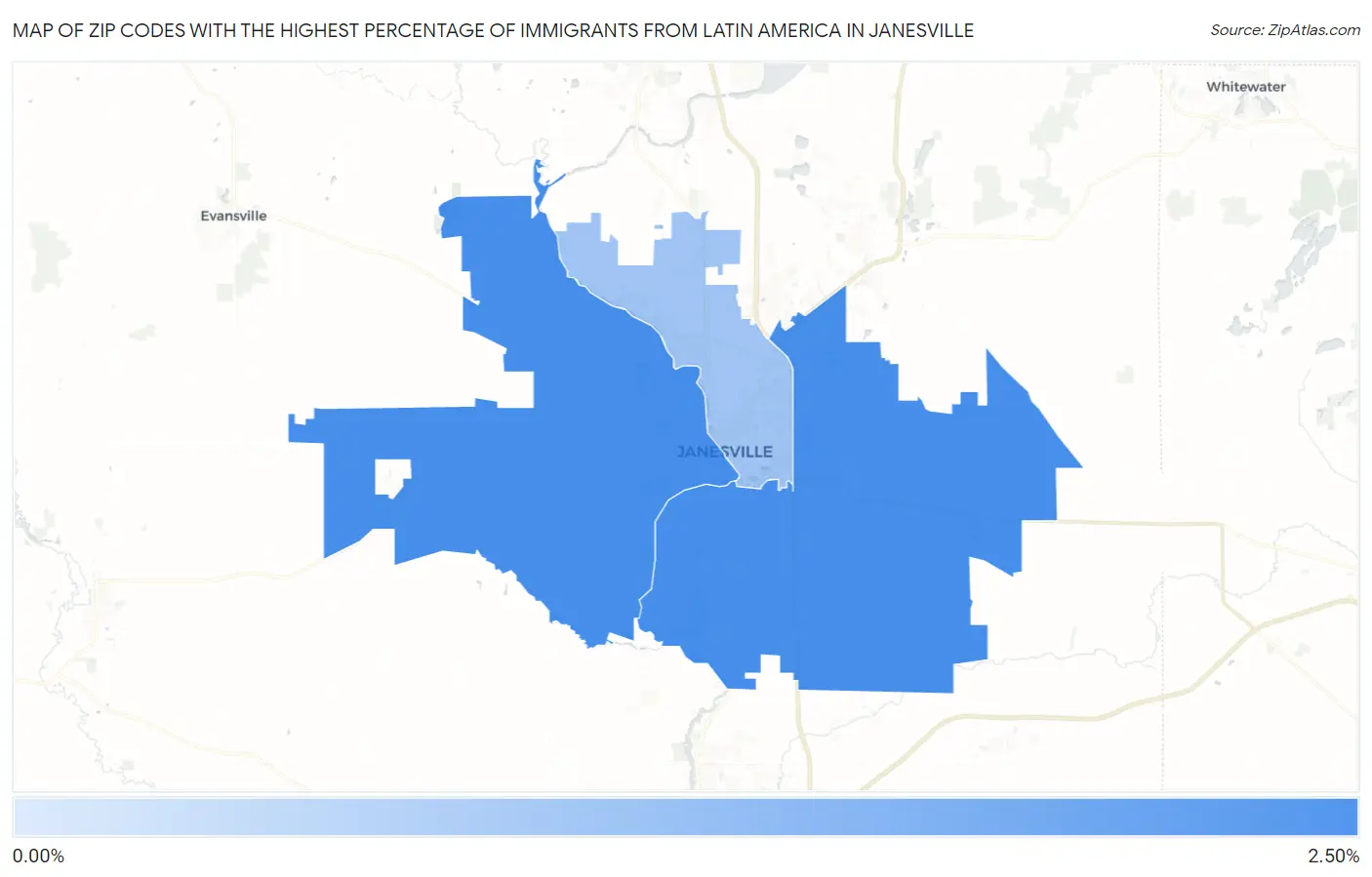 Zip Codes with the Highest Percentage of Immigrants from Latin America in Janesville Map