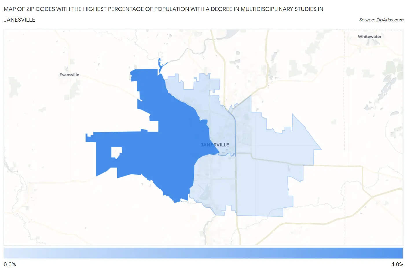Zip Codes with the Highest Percentage of Population with a Degree in Multidisciplinary Studies in Janesville Map