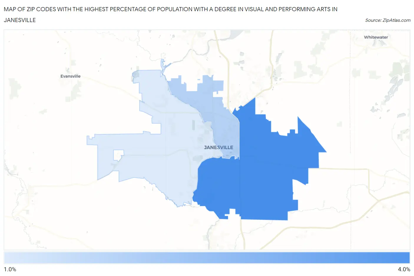 Zip Codes with the Highest Percentage of Population with a Degree in Visual and Performing Arts in Janesville Map