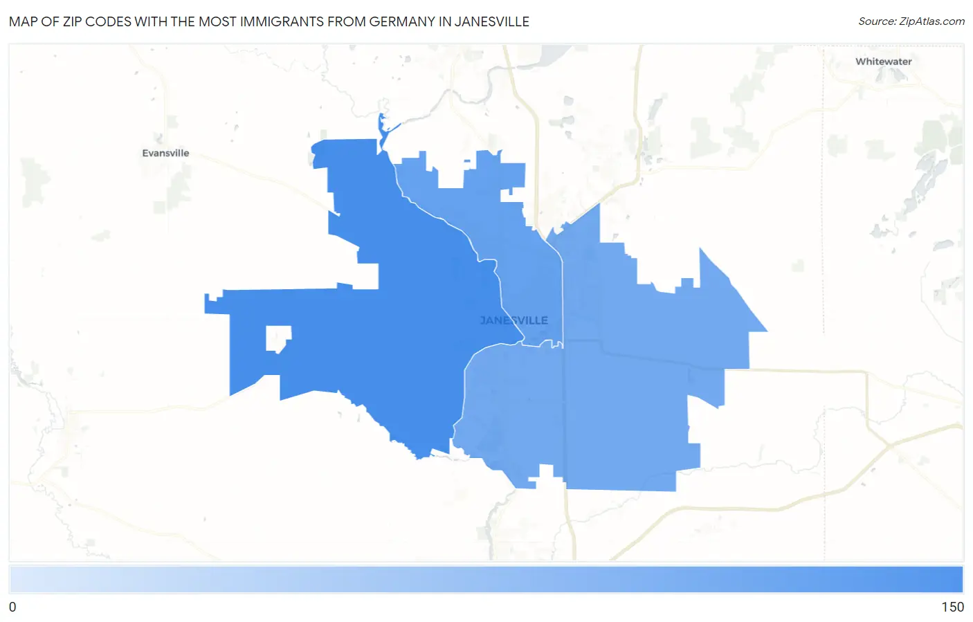Zip Codes with the Most Immigrants from Germany in Janesville Map